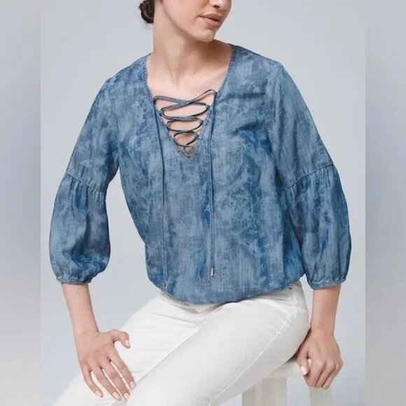 White House Black Market WHBM Chambray Lace Up Peasant Top L - Picture 1 of 8